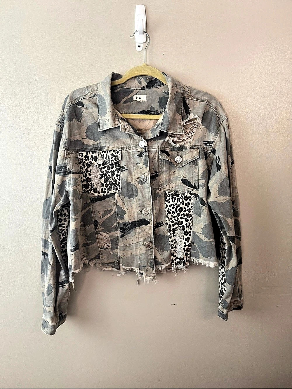 POL Camouflage and Leopard Print Distressed Denim Jacket Size Large